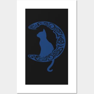 Blue Carved Celtic Moon Cat Triquetra Posters and Art